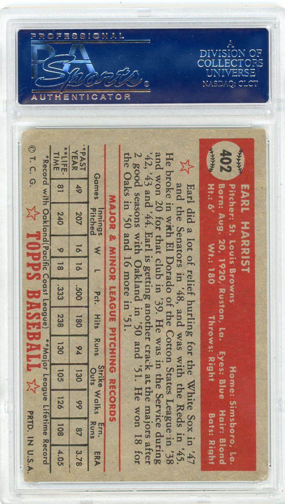 1952 Topps Earl Harrist #402 PSA 4