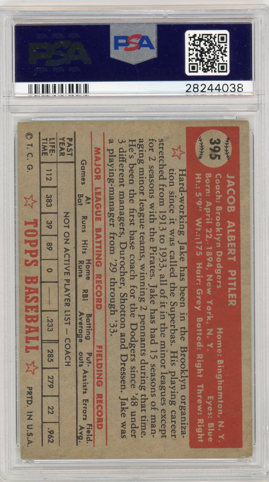 1952 Topps Jake Pitler #395 PSA 4