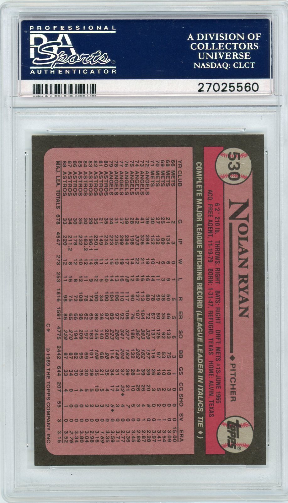 1989 Topps Nolan Ryan #530 PSA 10