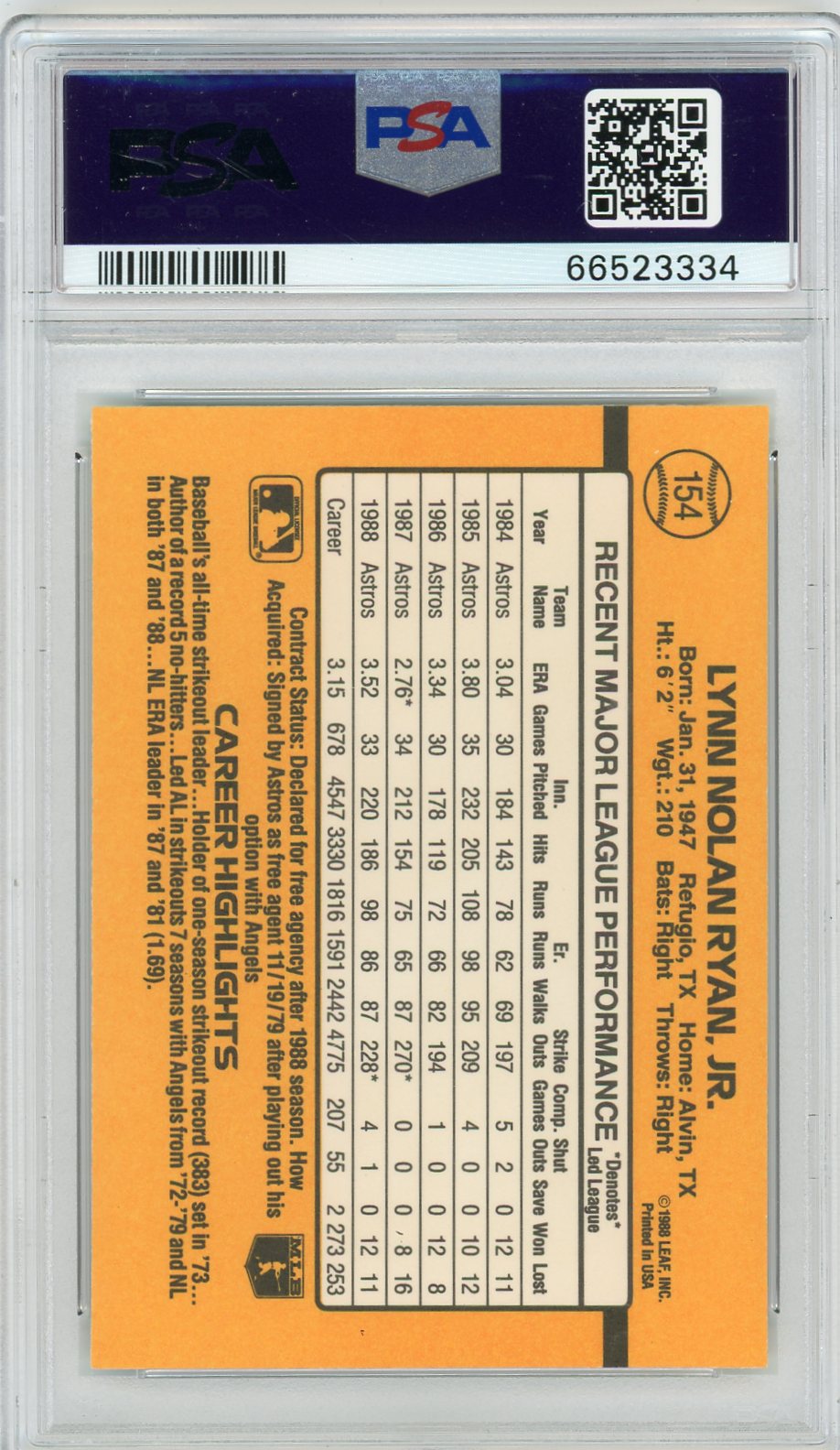 1989 Donruss Nolan Ryan #154 PSA 10