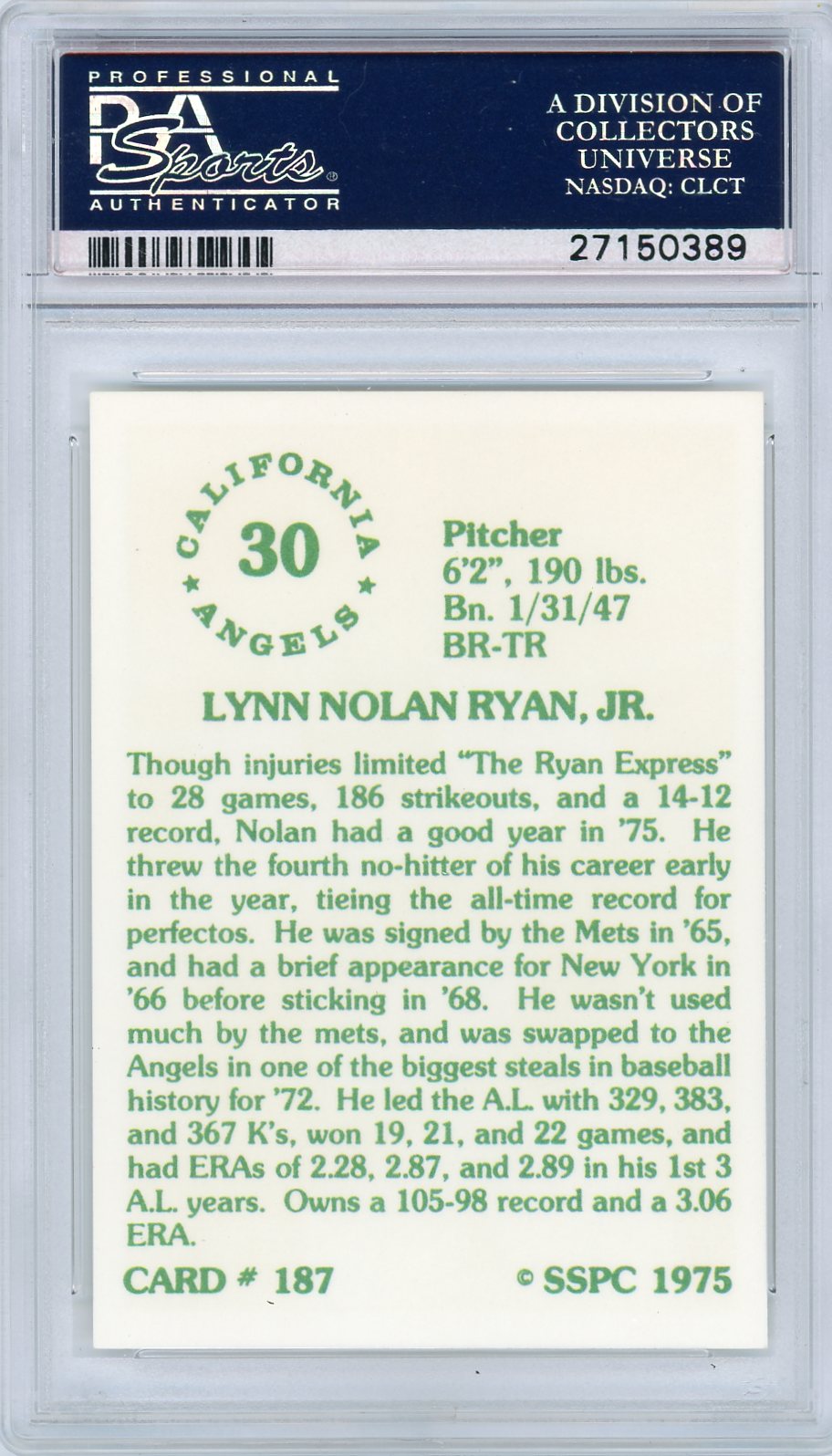 1975 Sspc Nolan Ryan #187 PSA 10