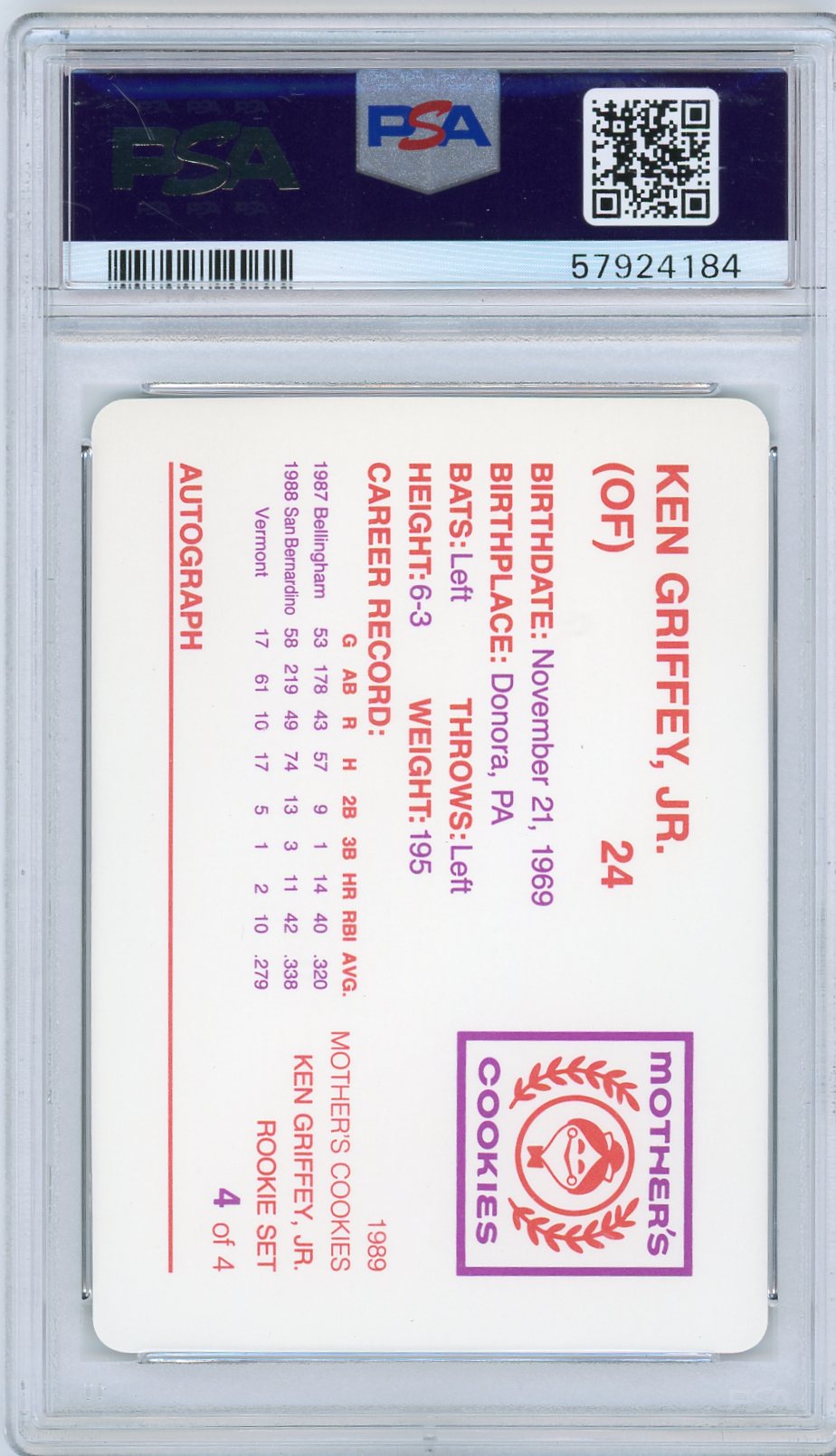 1989 Mother's Cookies Ken Griffey JR. #4 Name On Back Showing PSA 10