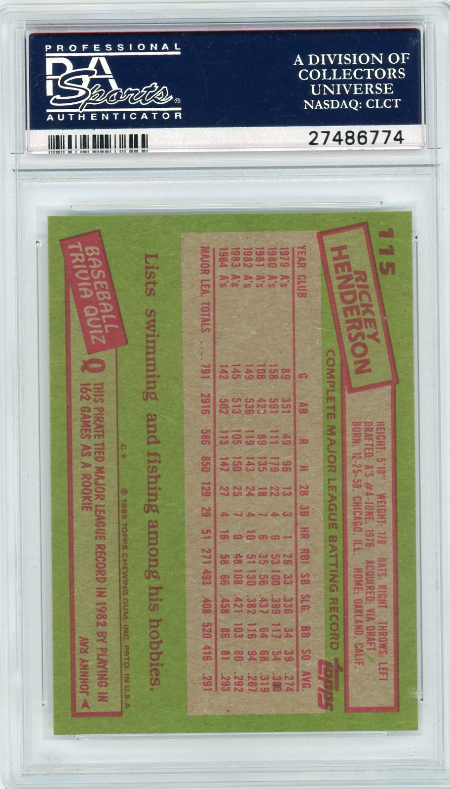 1985 Topps Rickey Henderson #115 PSA 10