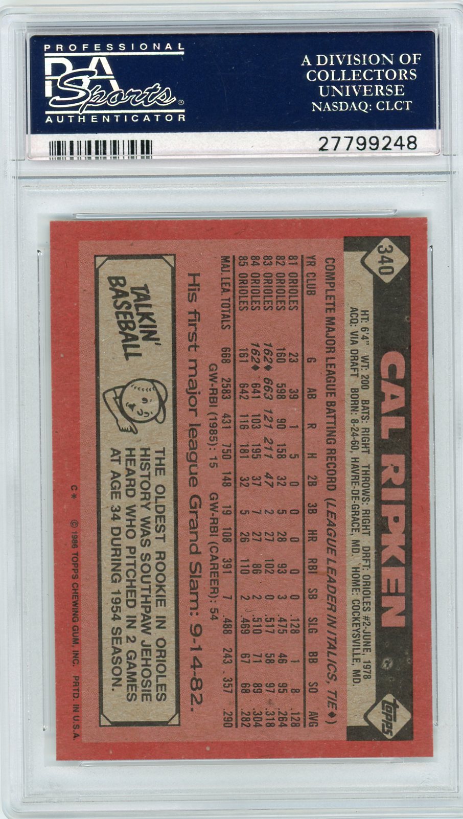 1986 Topps Cal Ripken JR. #340 PSA 10