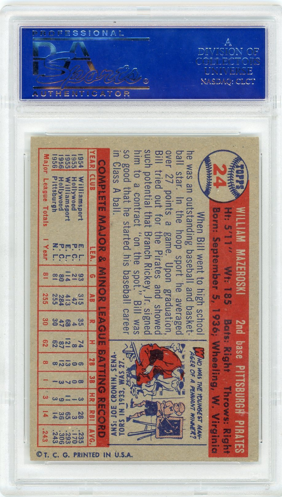 1957 Topps Bill Mazeroski #24 PSA 7