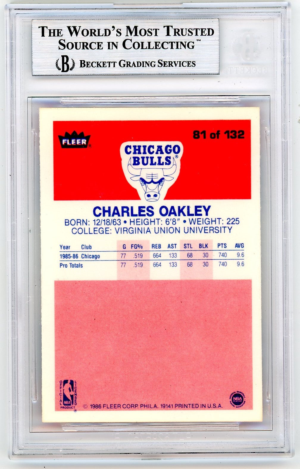 1986 Fleer Charles Oakley #81 BGS 9