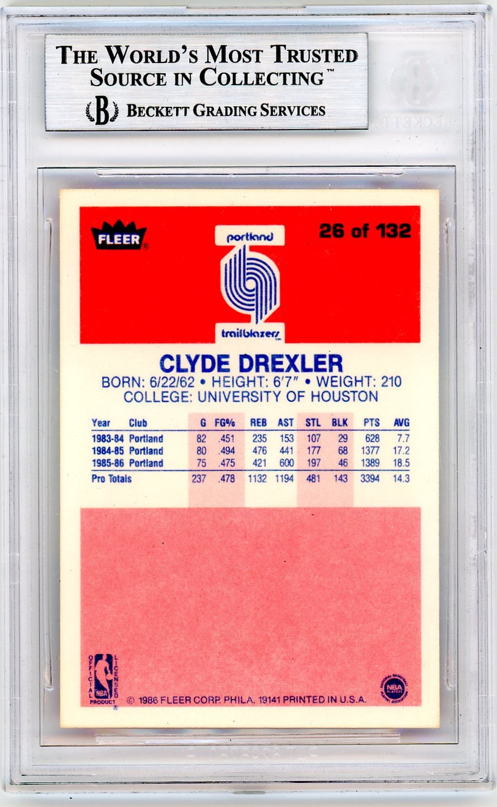 1986 Fleer Clyde Drexler #26 BGS 9