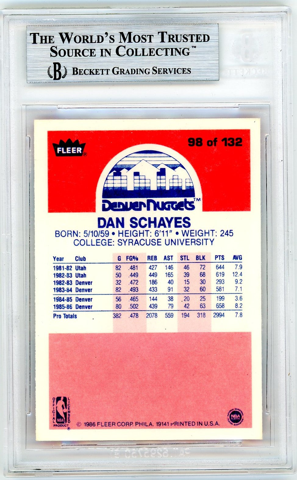1986 Fleer Danny Schayes #98 BGS 9