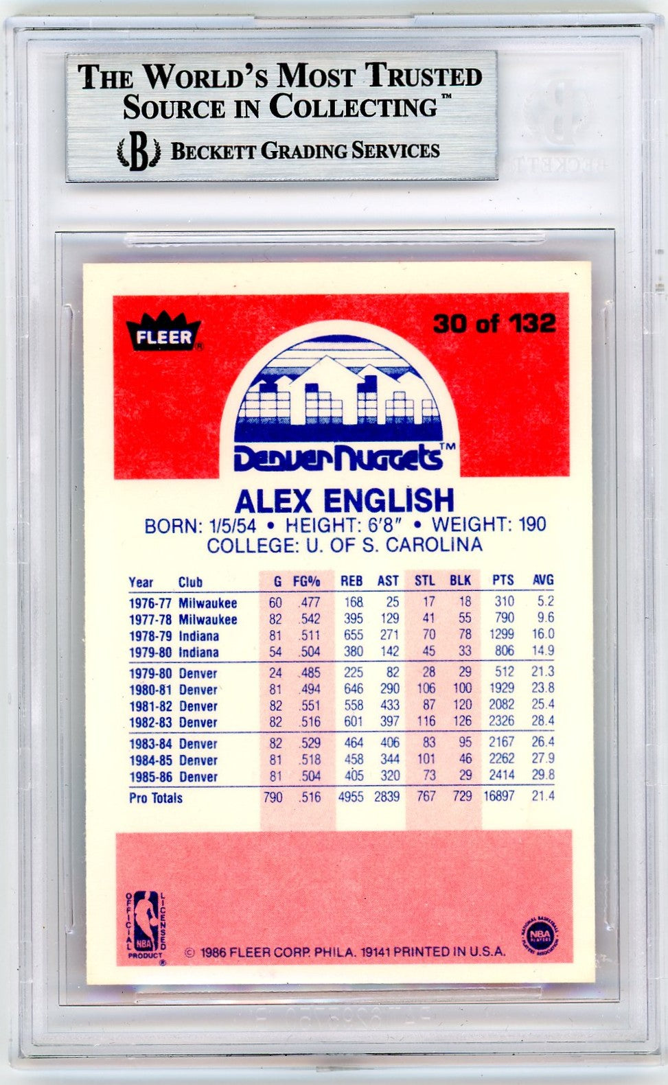 1986 Fleer Alex English #30 BGS 9