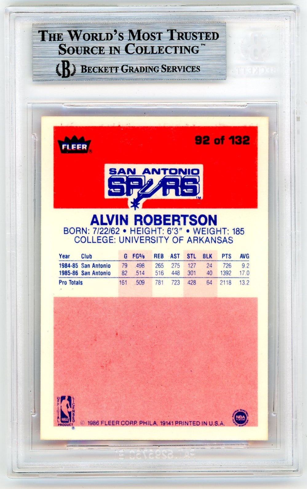 1986 Fleer Alvin Robertson #92 BGS 9