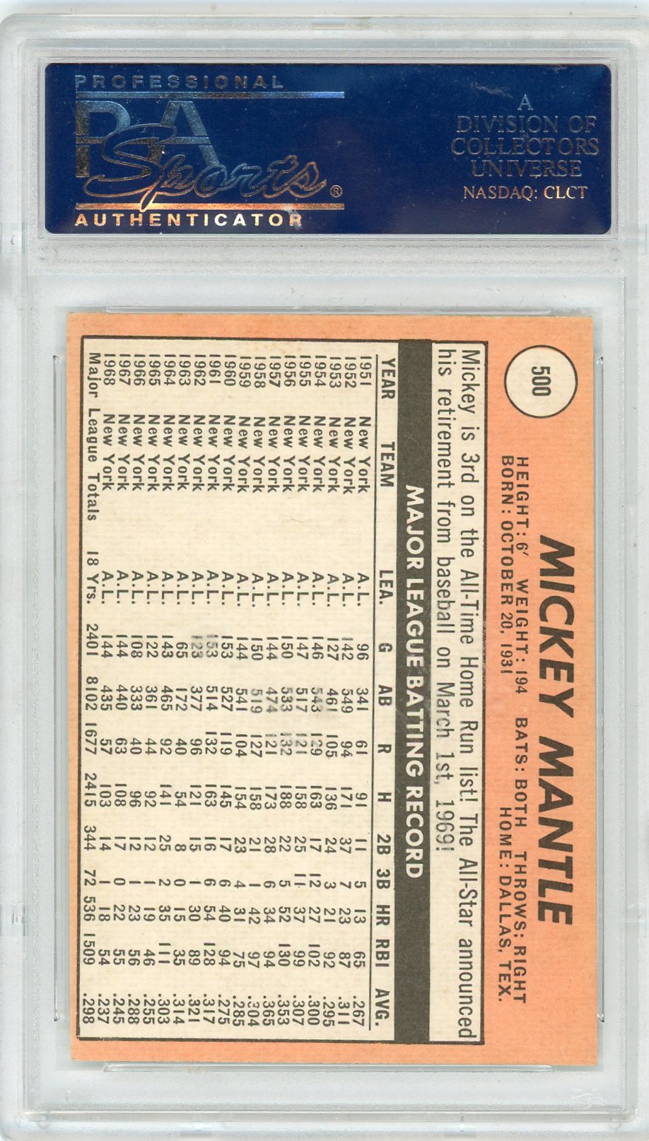 1969 Topps Mickey Mantle #500 Last Name In Yellow PSA 5