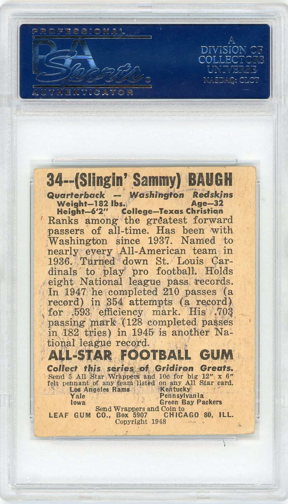 1948 Leaf Sammy Baugh #34 Maroon Jersey PSA 4