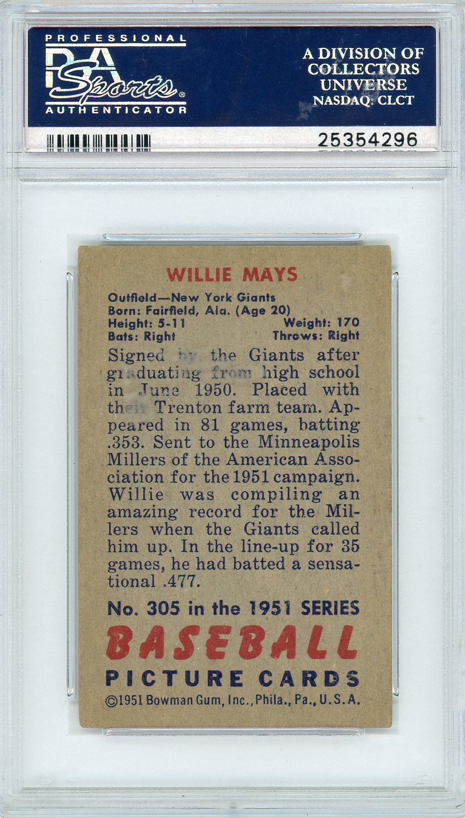 1951 Bowman Willie Mays #305 PSA 4