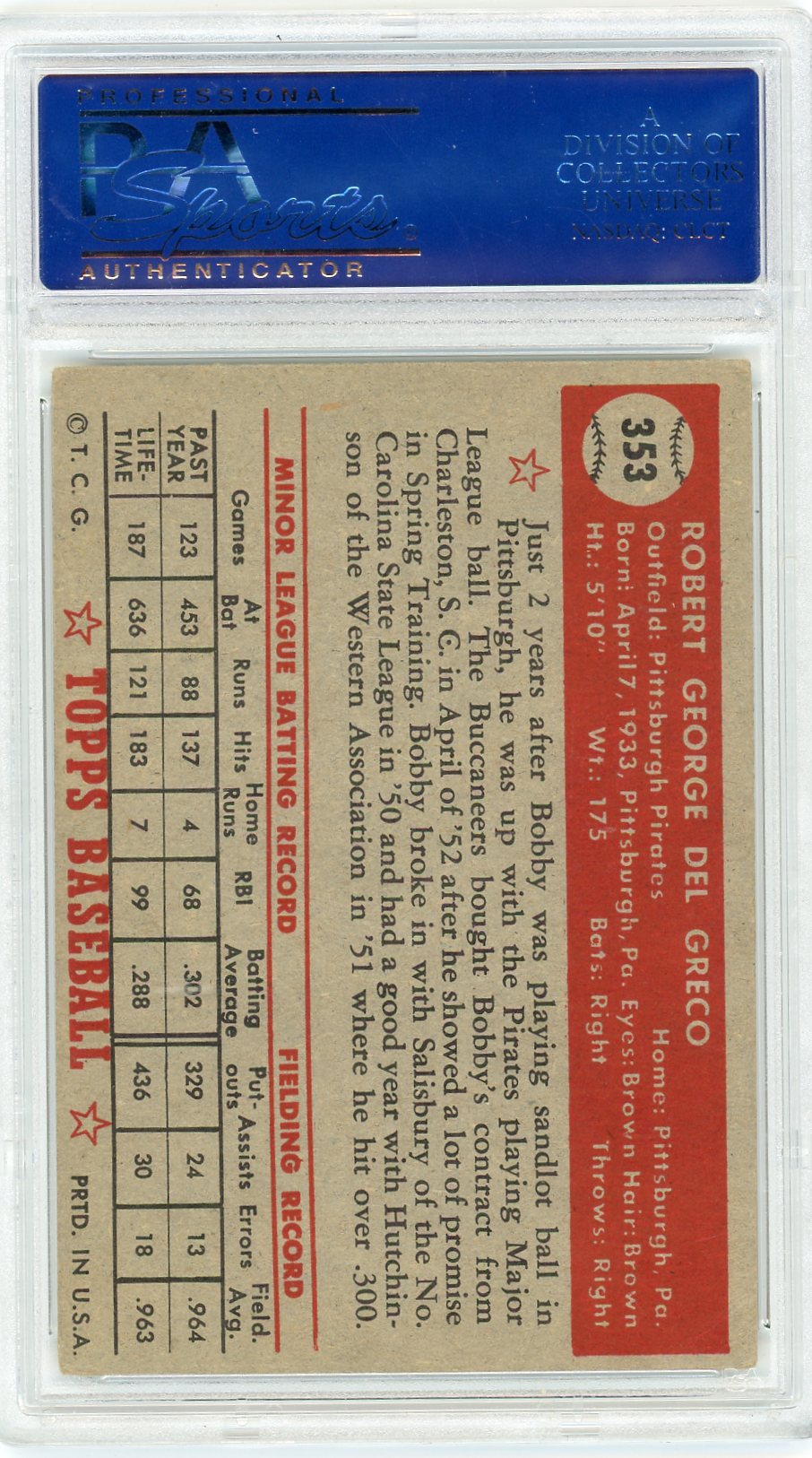 1952 Topps Bob Del Greco #353 PSA 4