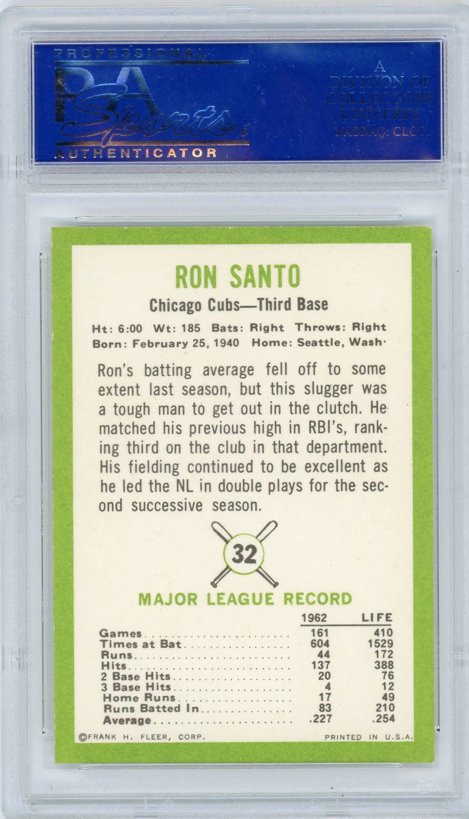 1963 Fleer Ron Santo #32 PSA 8
