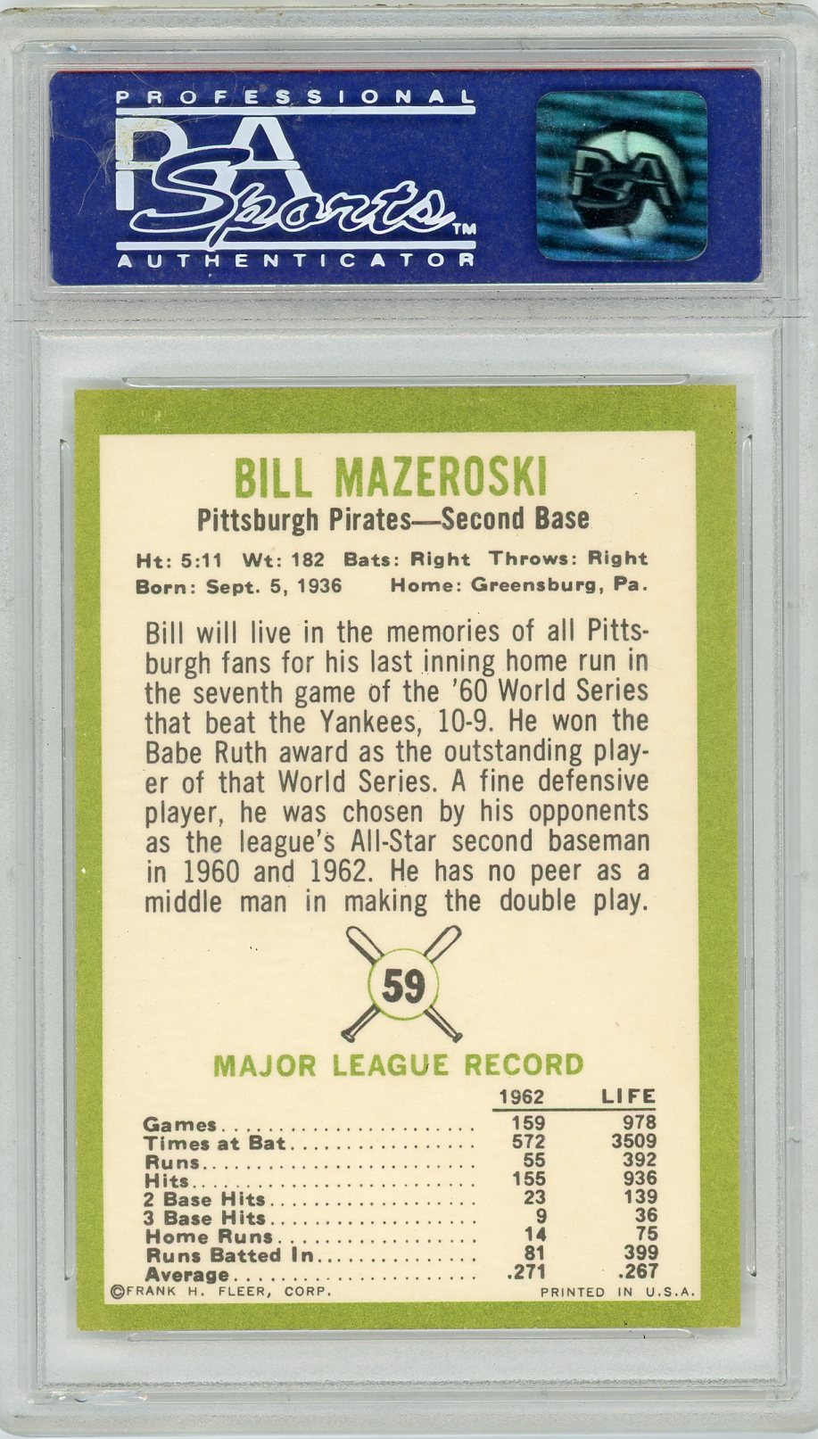 1963 Fleer Bill Mazeroski #59 PSA 8