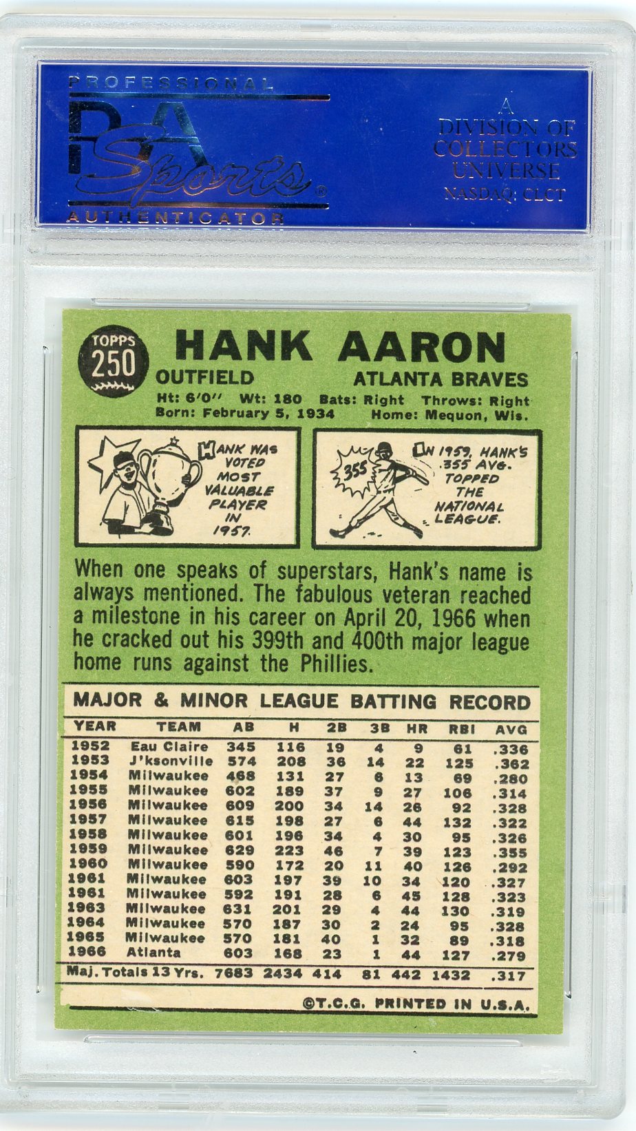 1967 Topps Hank Aaron #250 PSA 9