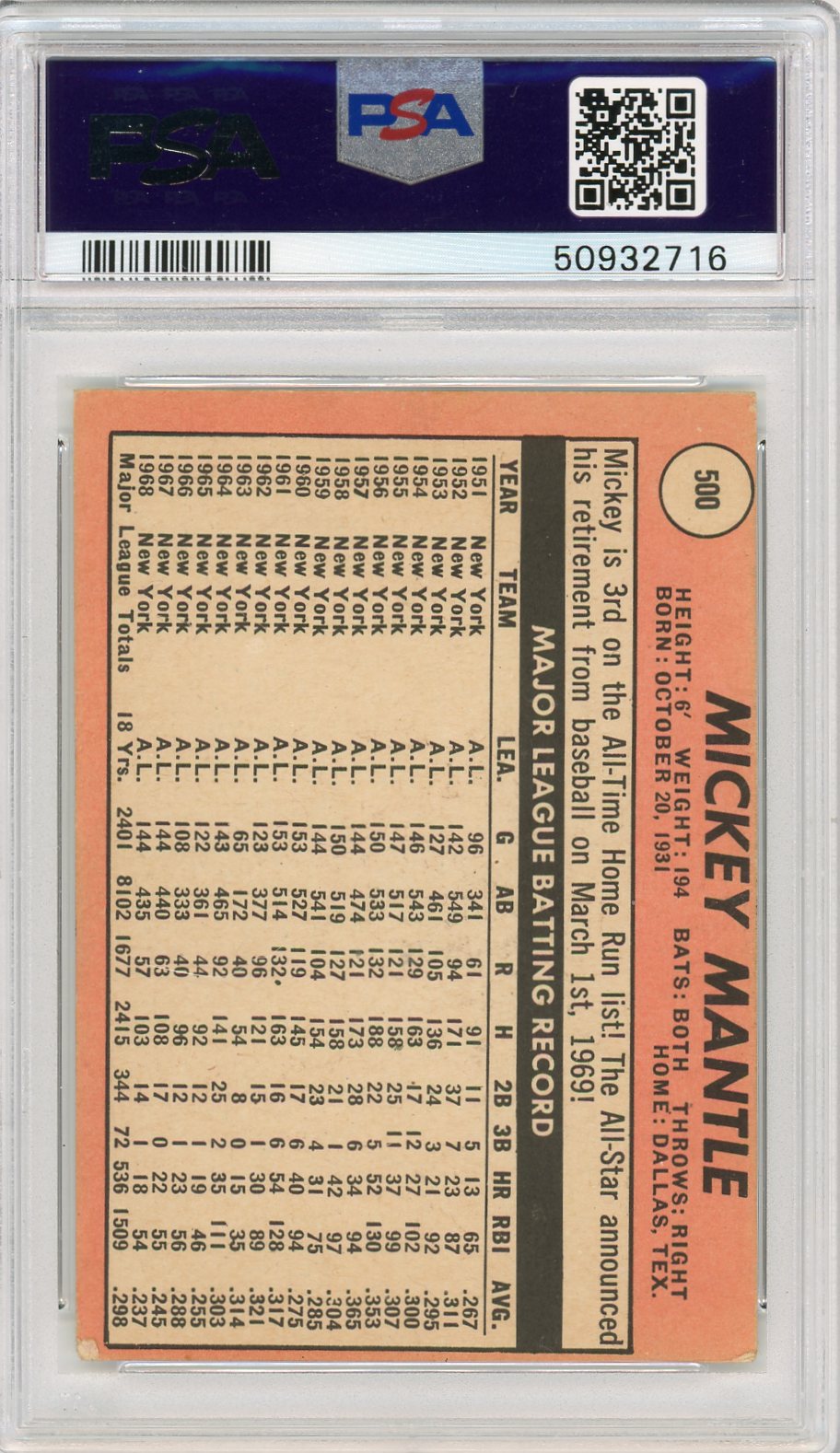 1969 Topps Mickey Mantle #500 Last Name In Yellow PSA 4