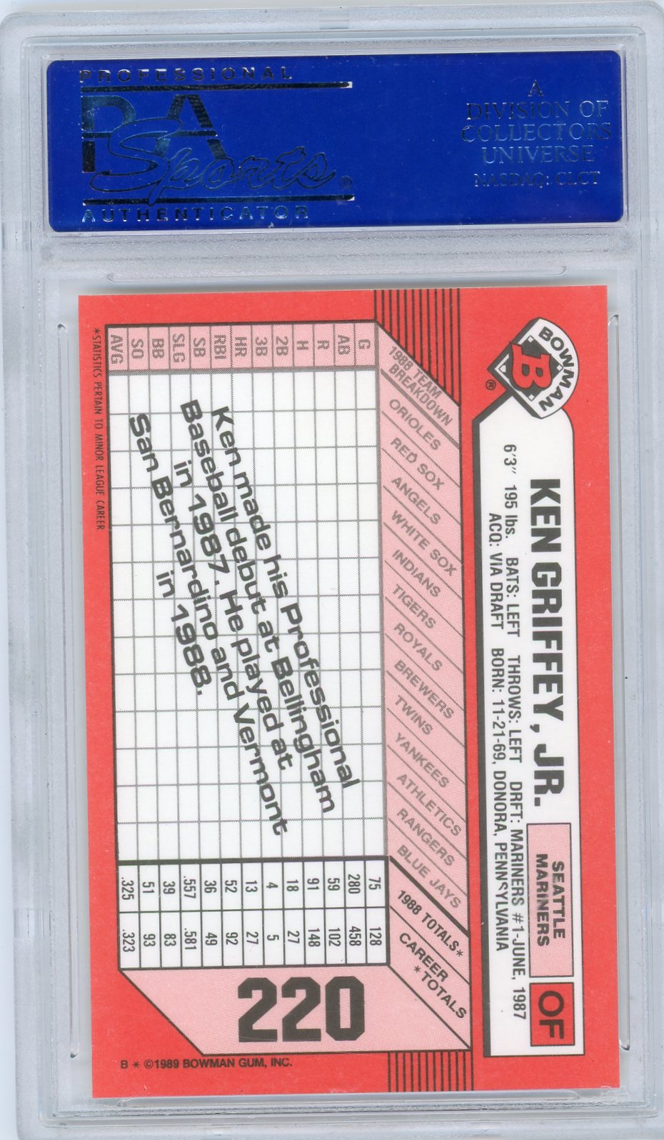 1989 Bowman Tiffany Ken Griffey JR. #220 PSA 9