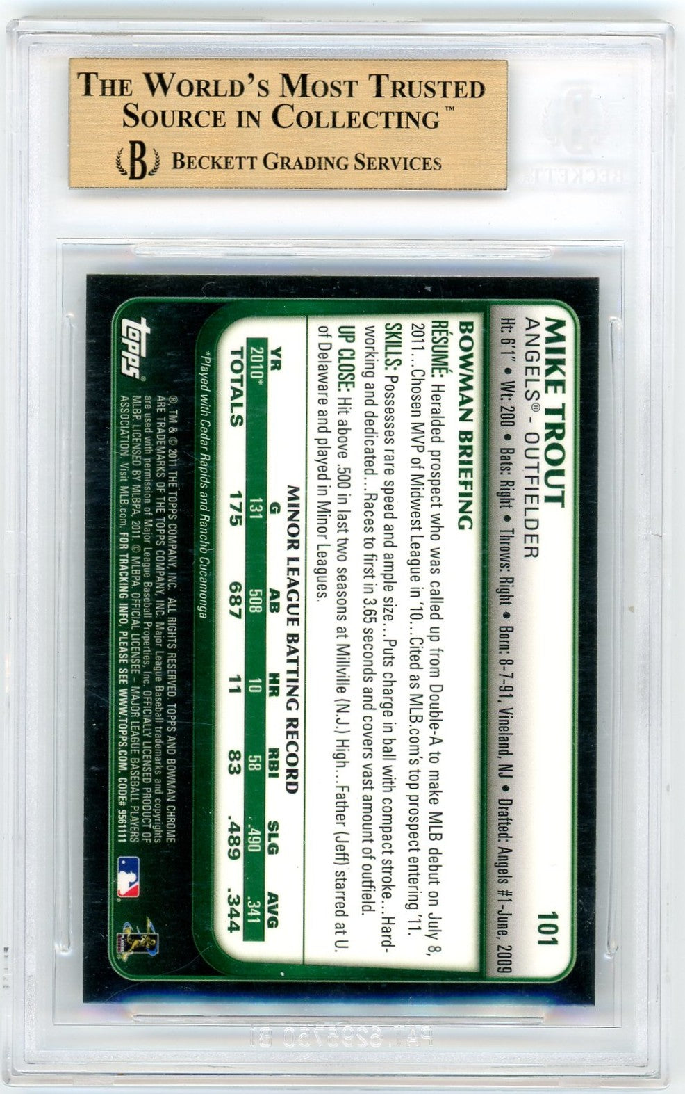2011 Bowman Chrome Draft Mike Trout #101 BGS 10