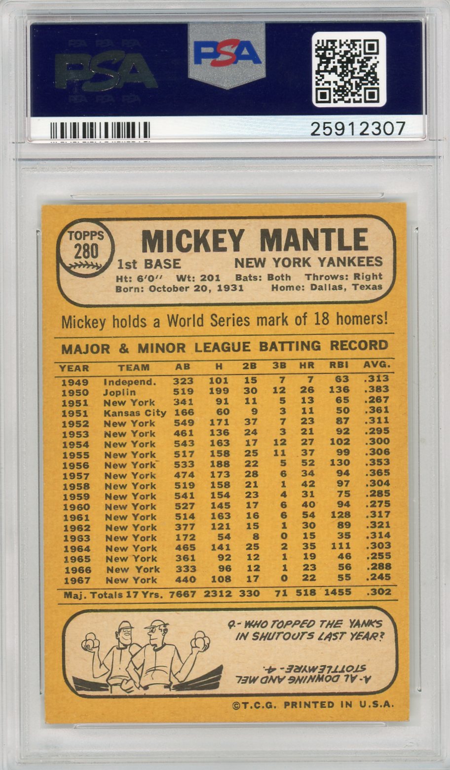 1968 Topps Mickey Mantle #280 PSA 9