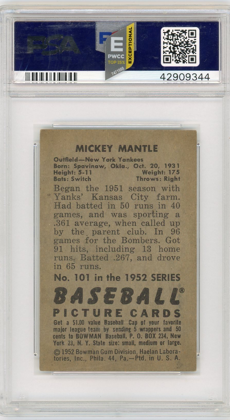 1952 Bowman Mickey Mantle #101 PSA 5.5 PWCC E