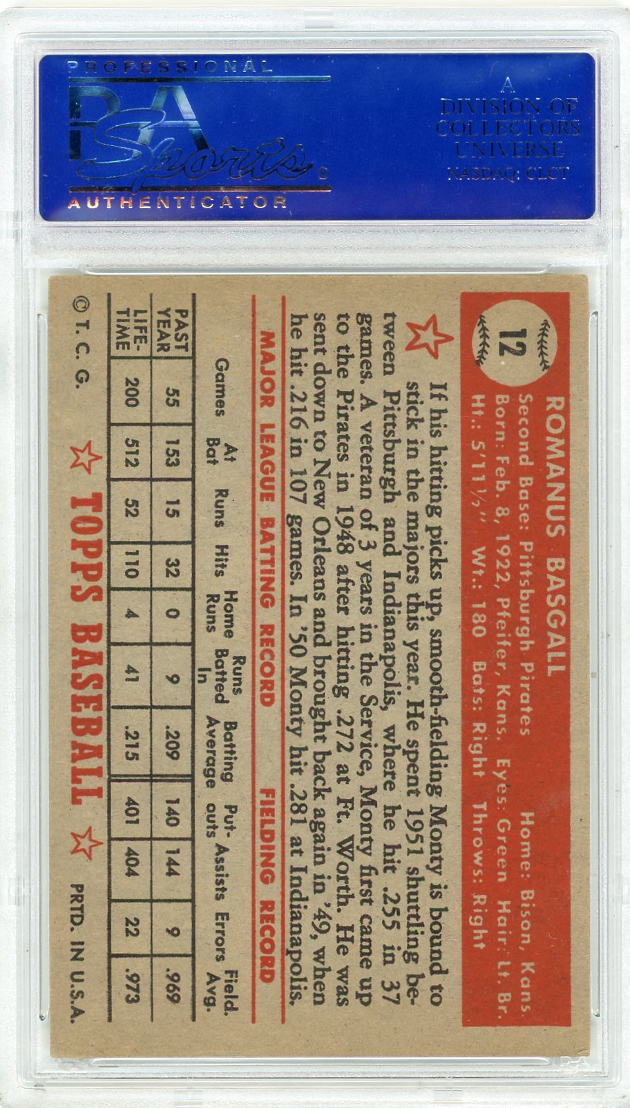 1952 Topps Monty Basgall #12 PSA 6
