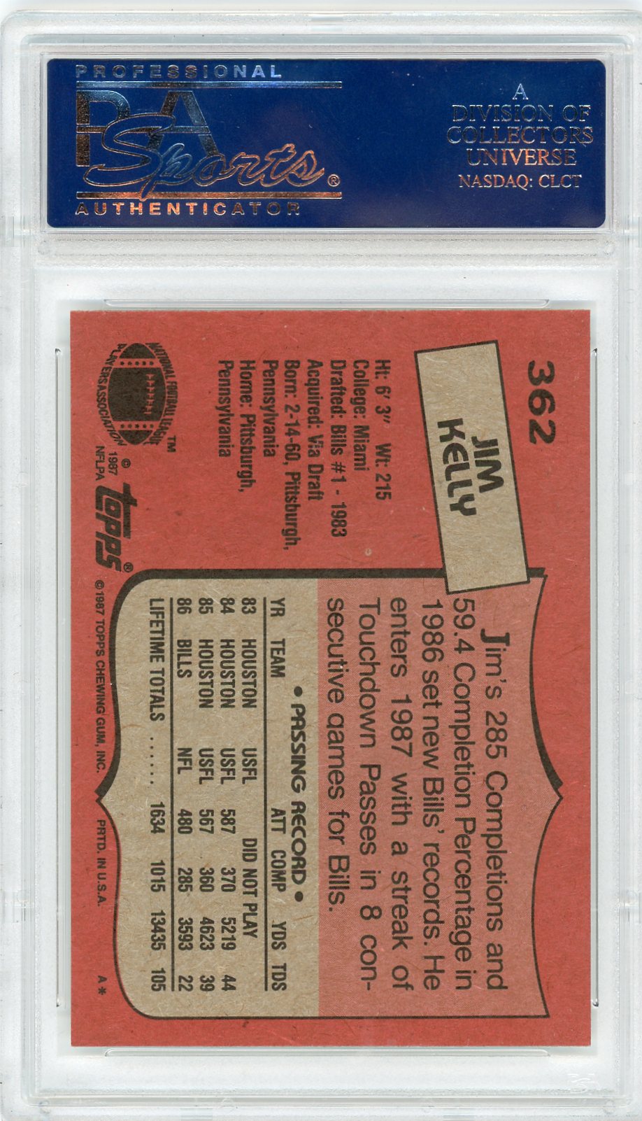 1987 Topps Jim Kelly #362 PSA 10
