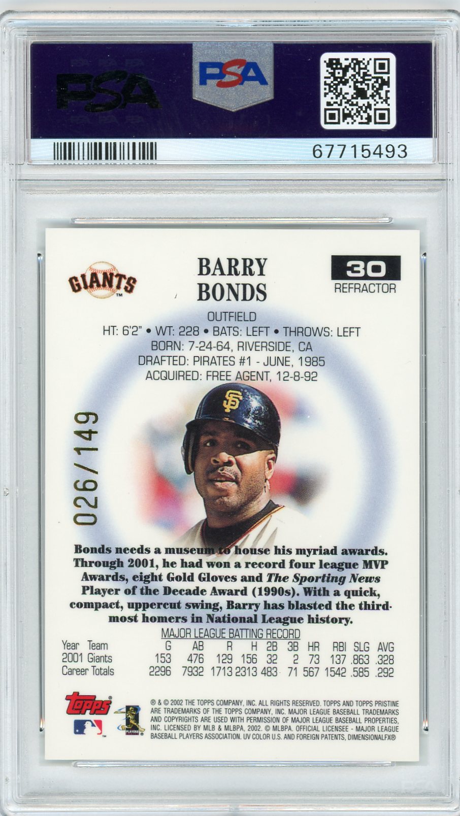 2002 Topps Pristine Barry Bonds #30 Refractor PSA 10