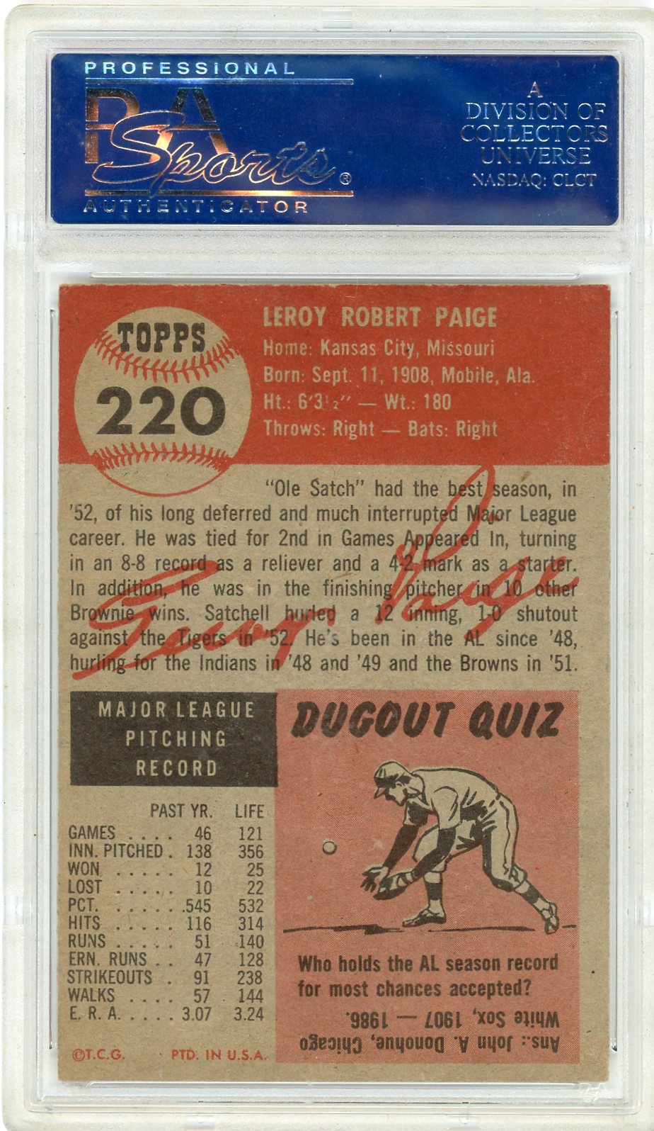 1953 Topps Satchell Paige #220 PSA 6