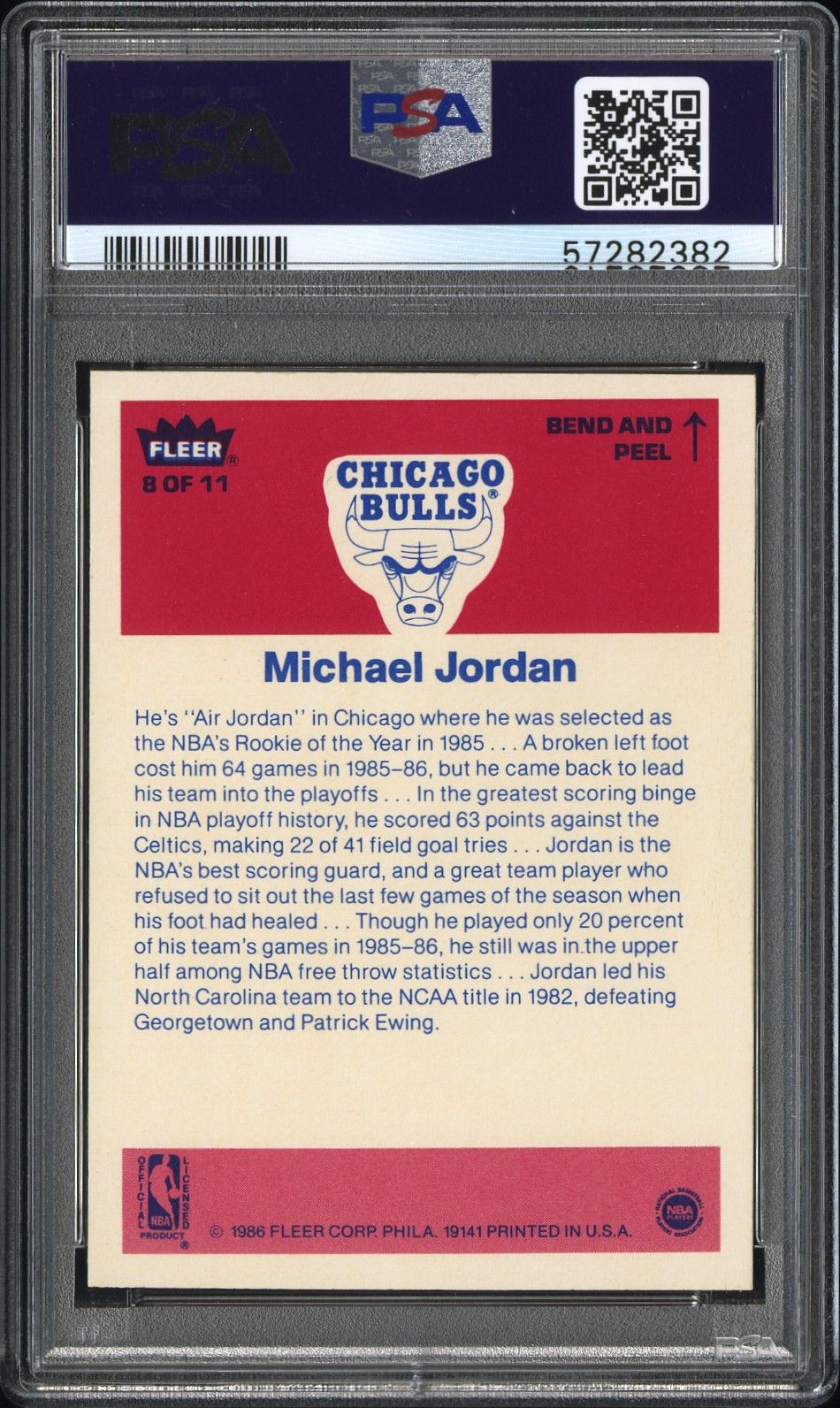 1986 FLEER MICHAEL JORDAN STICKER #8 PSA 8