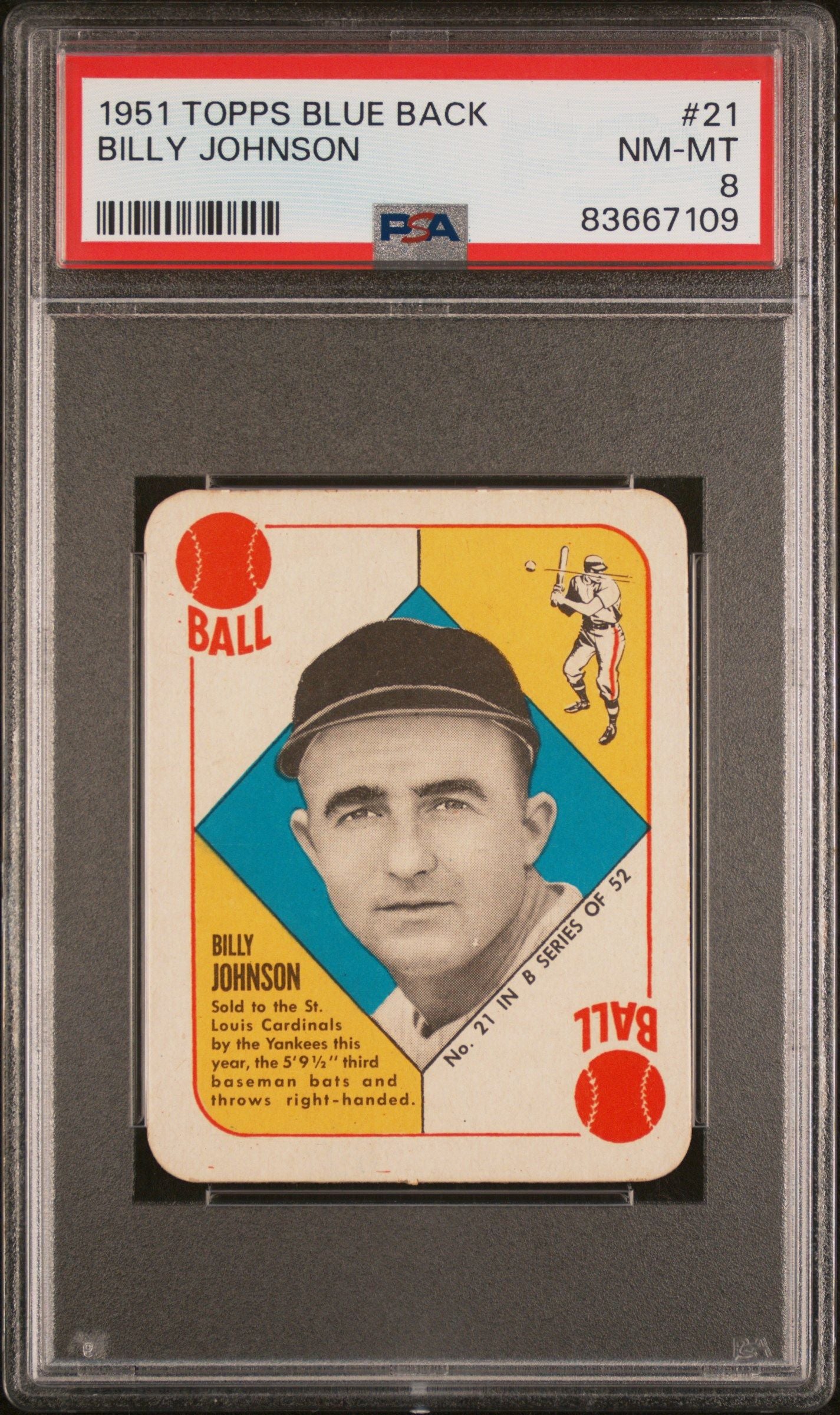 1951 TOPPS BILLY JOHNSON BLUE BACK #21 PSA 8