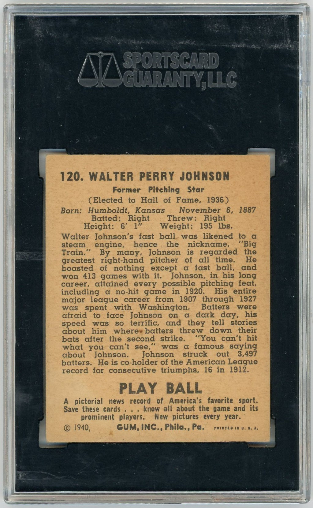 1940 Playball Walter Johnson #120 SGC 6