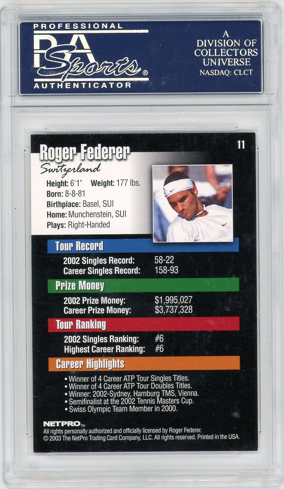 2003 Roger Federer PSA A Auto A