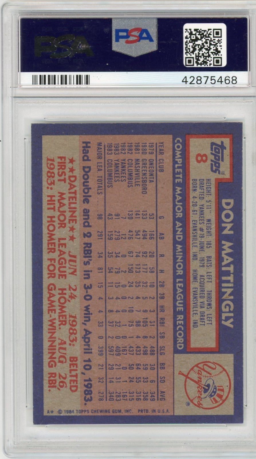 1984 Topps Don Mattingly #8 PSA 9 Auto 10