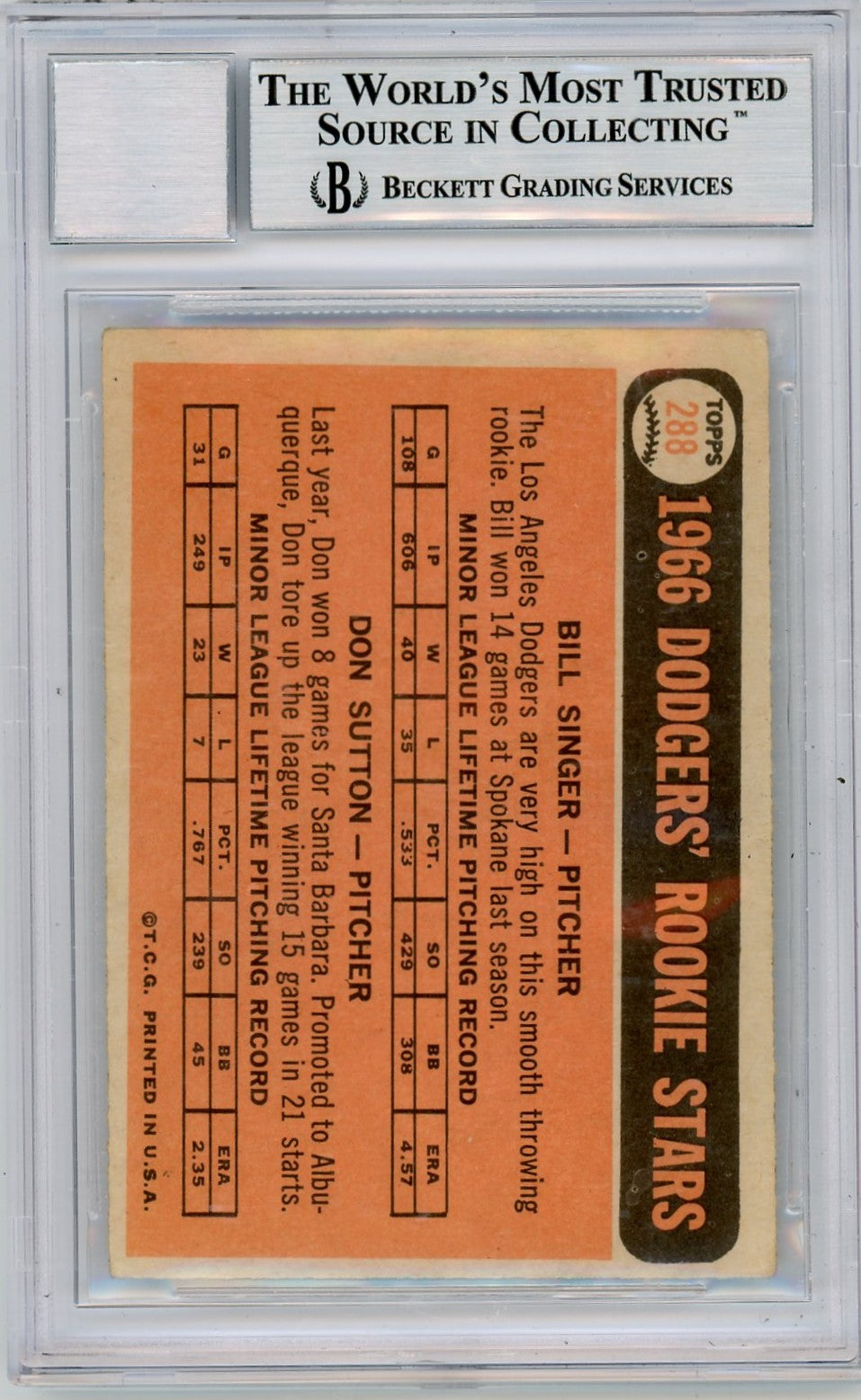 1966 Topps Don Sutton Rookie Stars #288 BVG Authentic /Bill Rookie BAS Auto 10