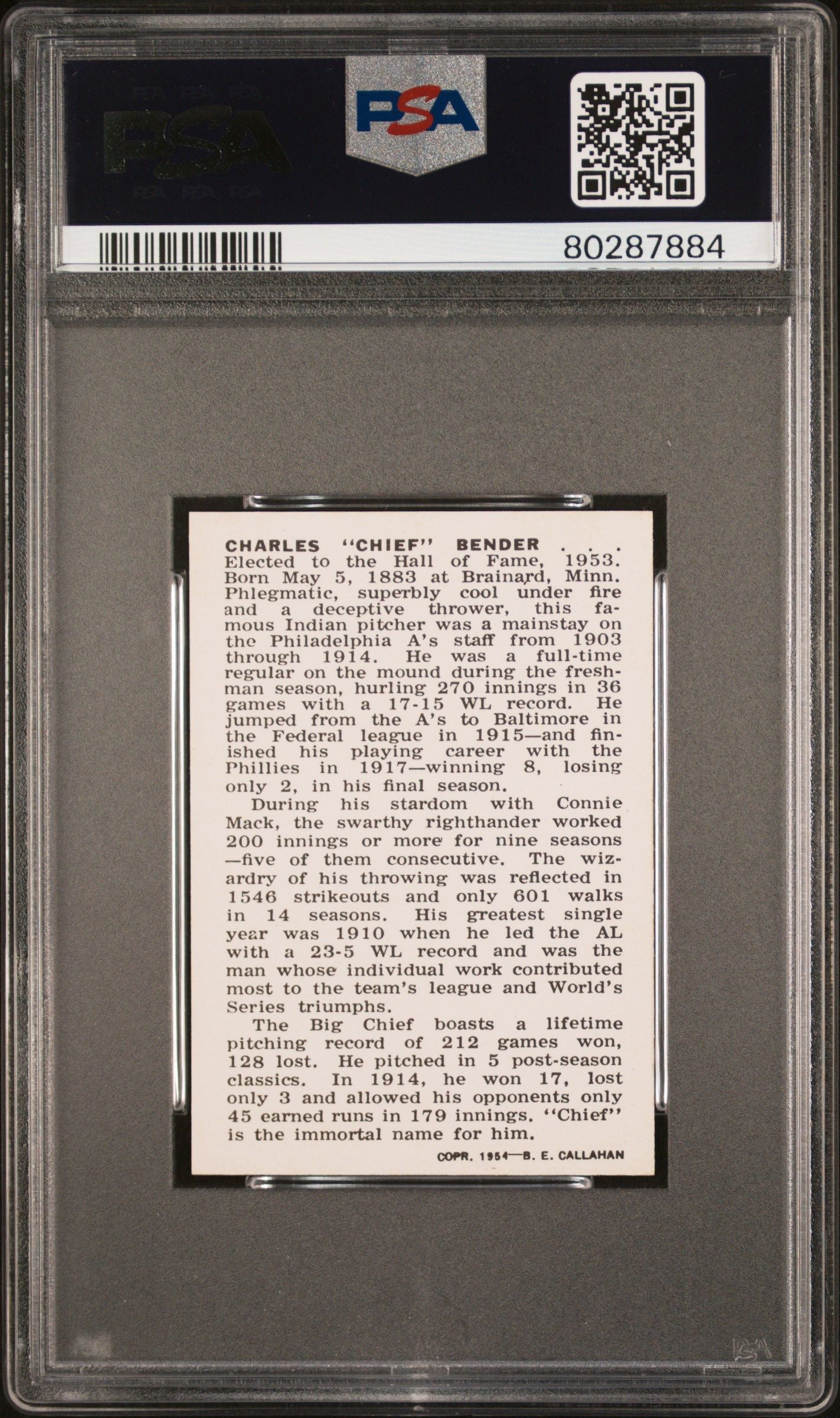1950 CHAS.CHIEF BENDER CALLAHAN HALL OF FAME BIO ENDS...IMMORTAL NAME PSA 9