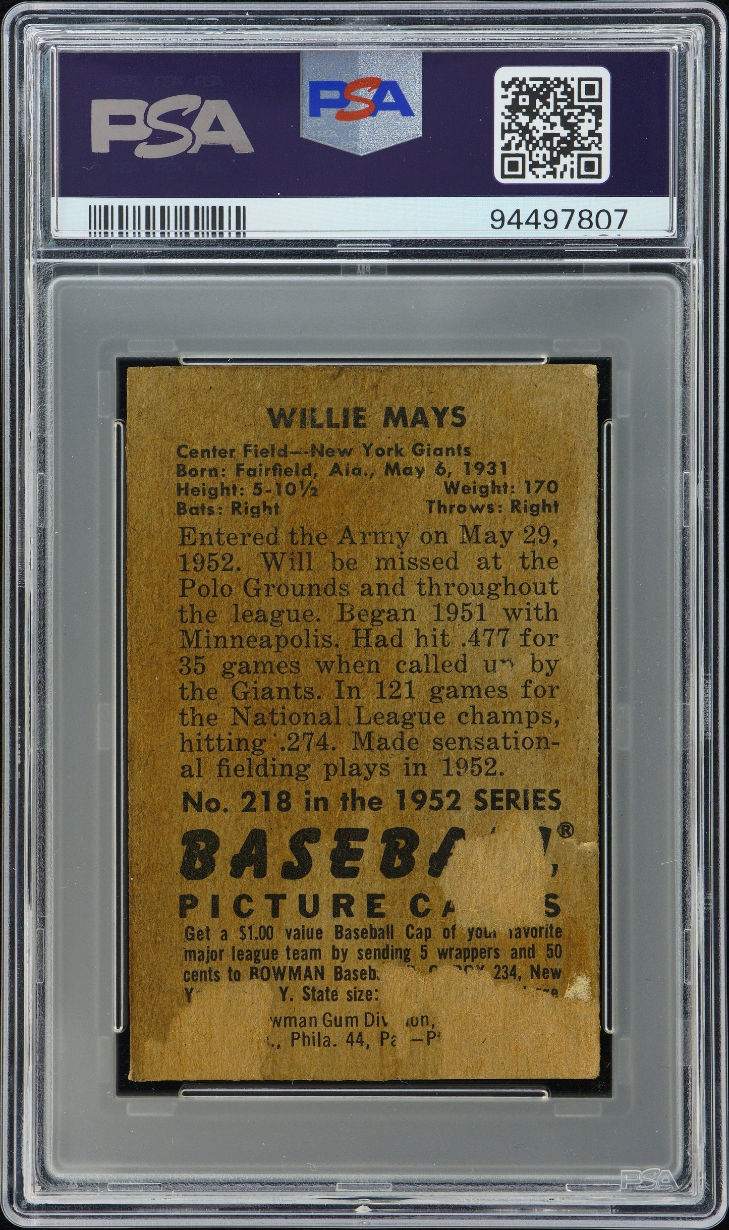 1952 BOWMAN WILLIE MAYS #218 PSA/DNA AA AUTO 9