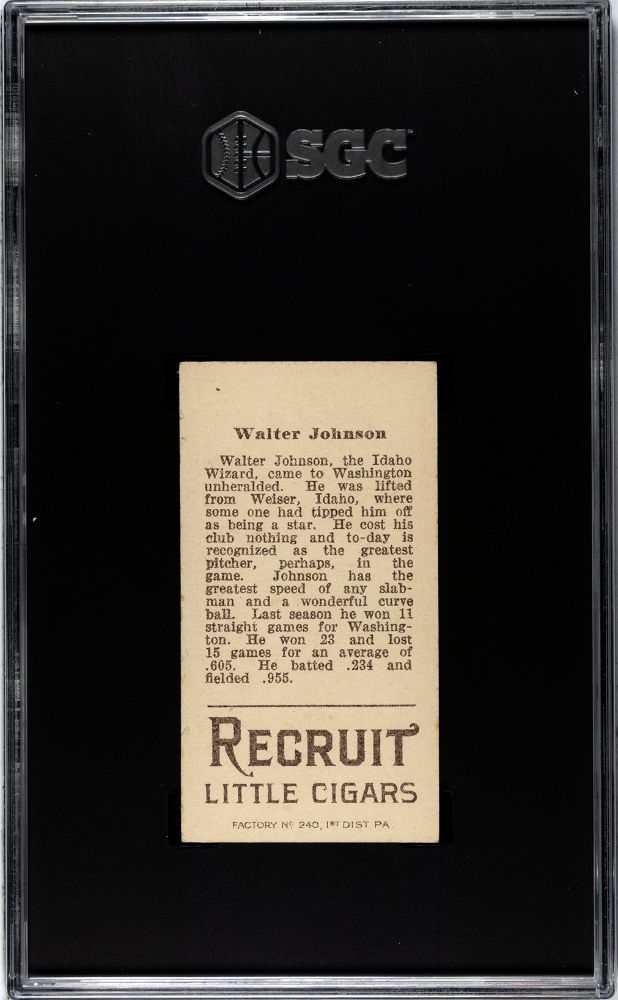 1912 WALTER JOHNSON RECRUIT LITTLE CIGARS (T207) SGC 4.5