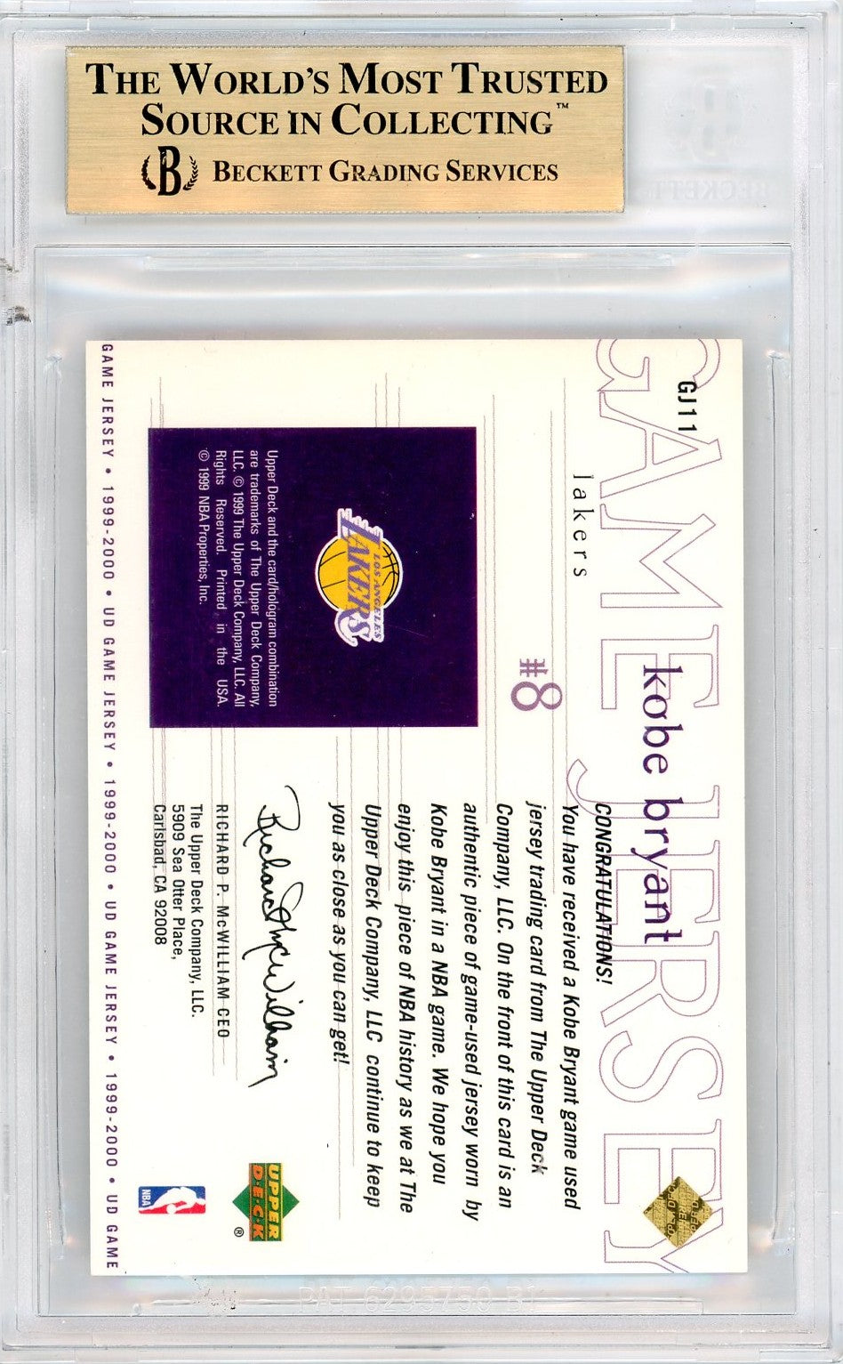 1999 Upper Deck Game Jerseys Kobe Bryant #GJ11 BGS 9.5