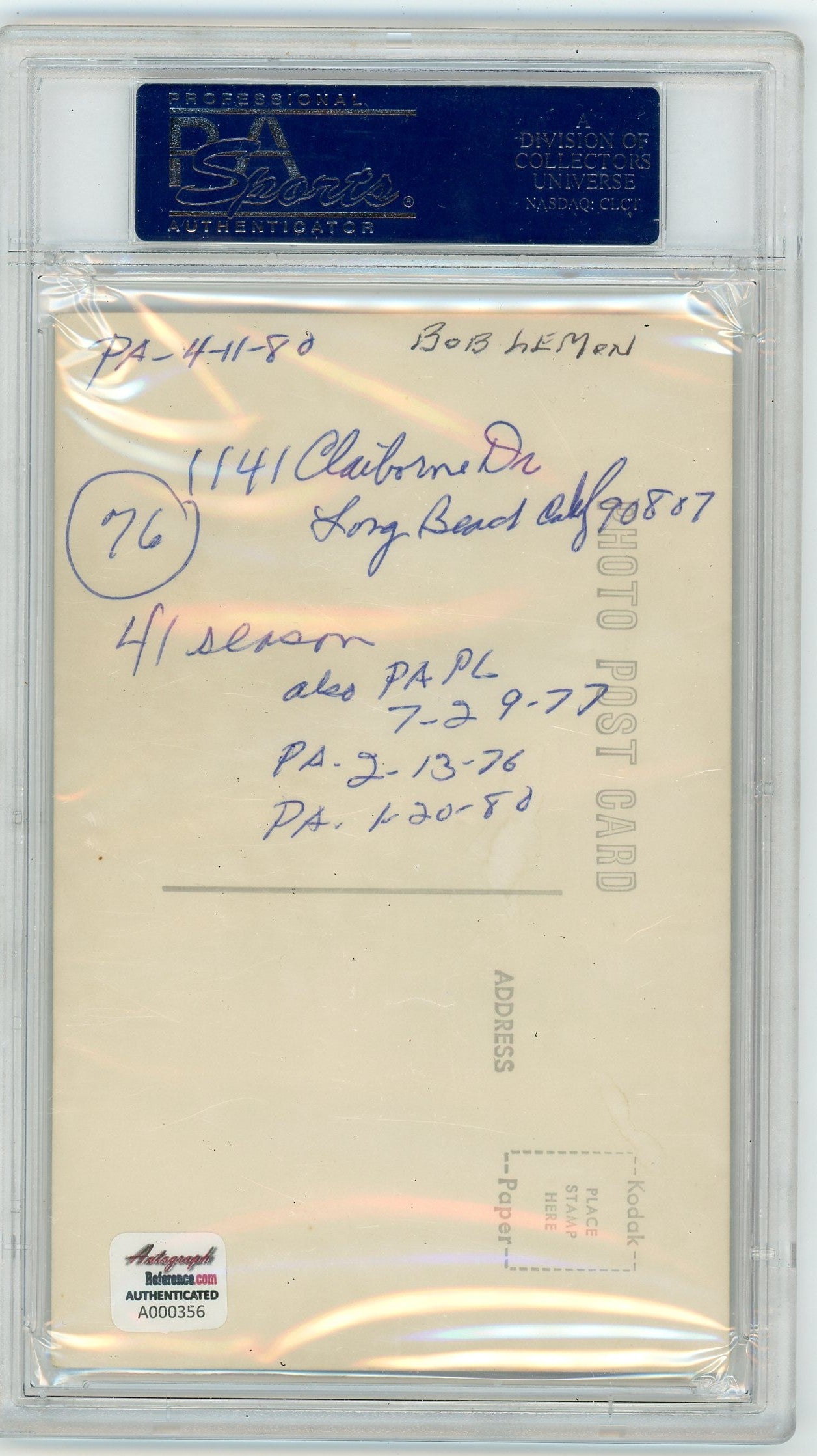 Bob Lemon PSA A Auto A