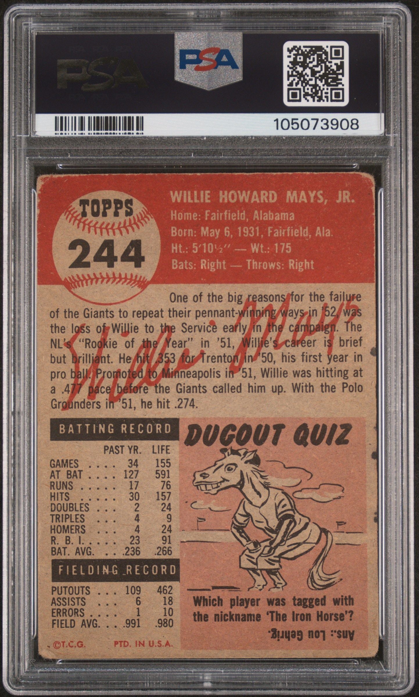 1953 TOPPS WILLIE MAYS #244 PSA AUTHENTIC