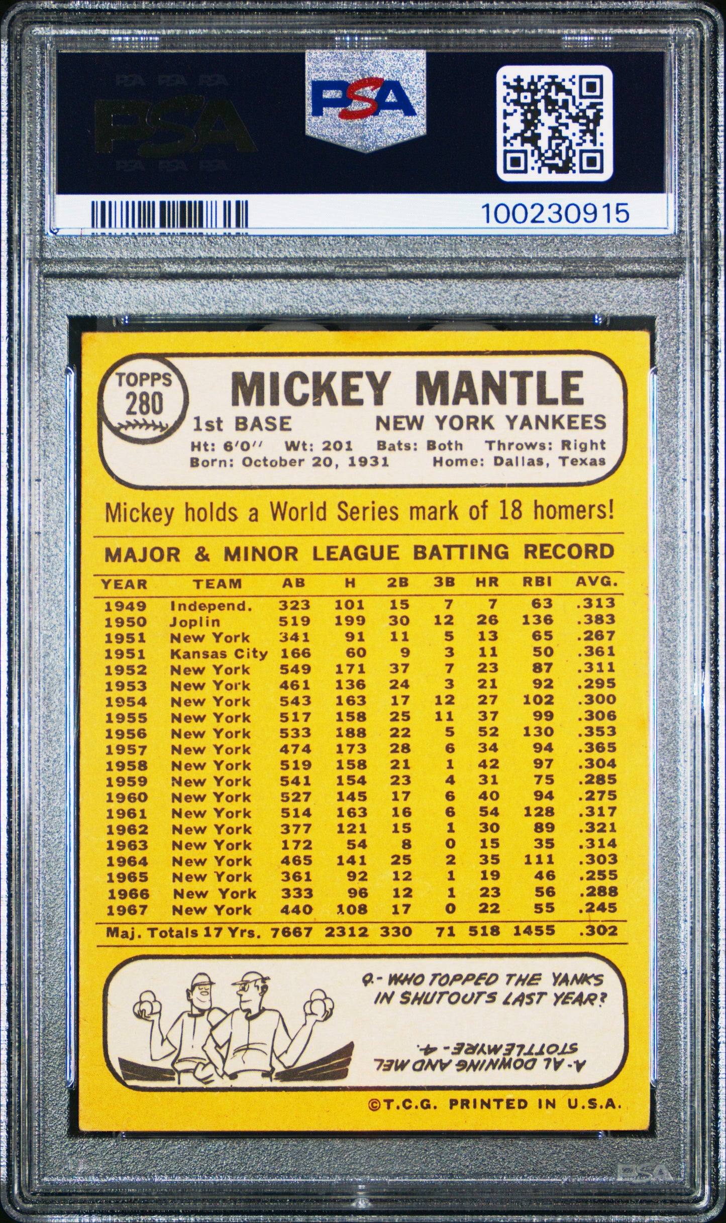 1968 TOPPS MICKEY MANTLE #280 PSA 3