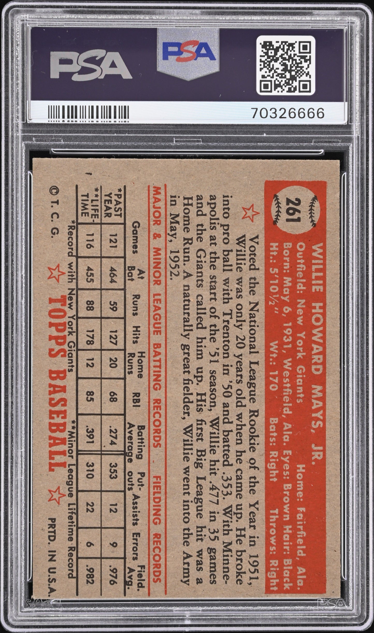 1952 TOPPS WILLIE MAYS #261 PSA 7