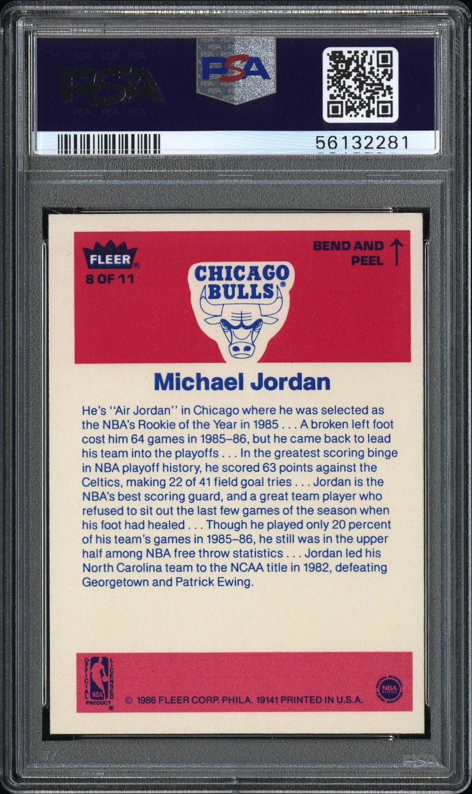 1986 FLEER MICHAEL JORDAN STICKER #8 PSA 7