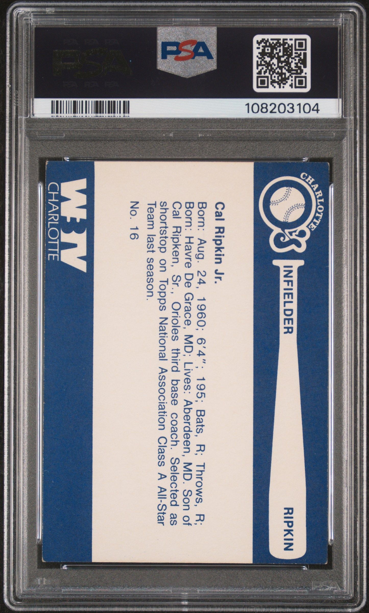 1980 CAL RIPKEN JR. WBTV CHARLOTTE O'S #16 PSA 4