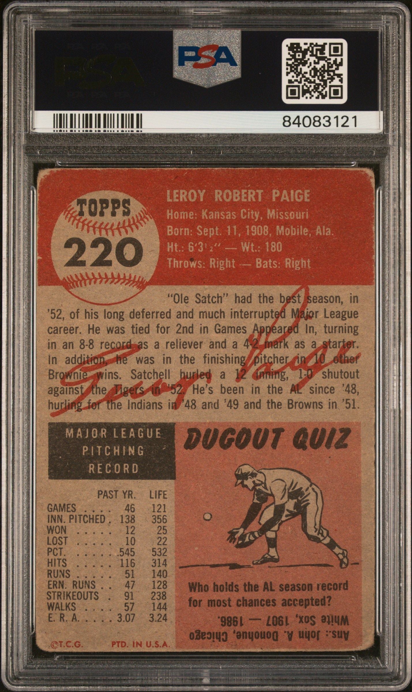 1953 TOPPS SATCHELL PAIGE #220 PSA 1.5