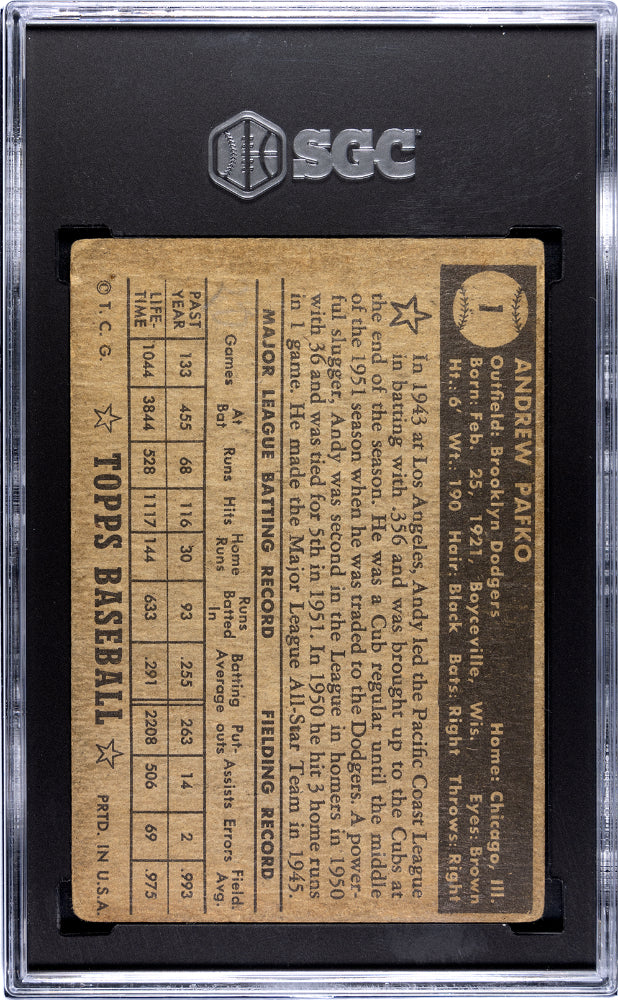 1952 TOPPS ANDY PAFKO BLACK BACK #1 SGC 2