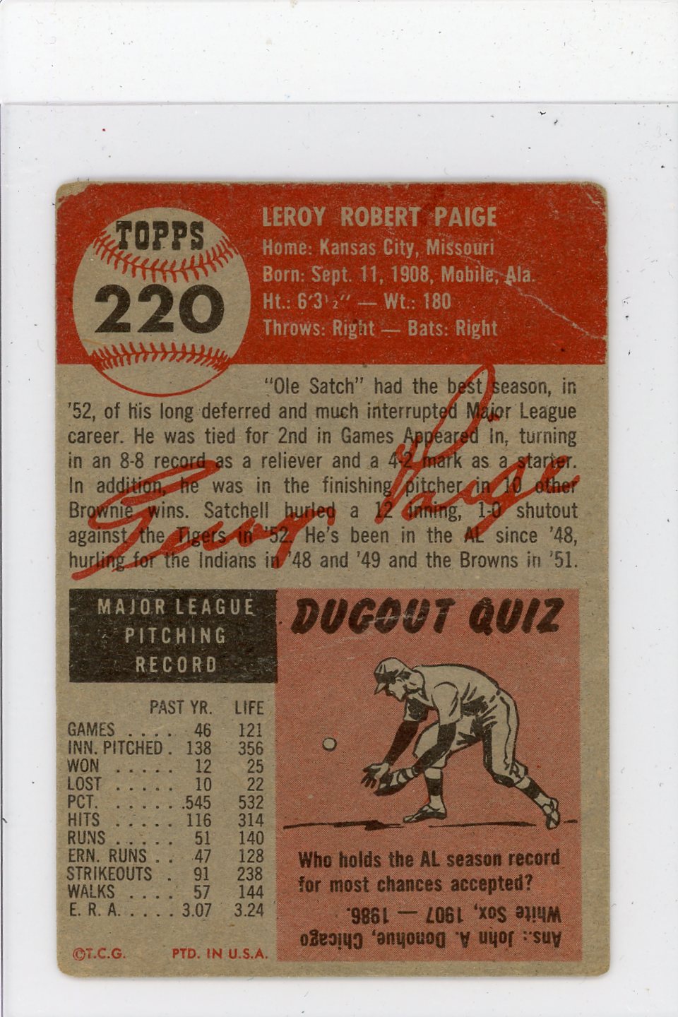1953 Topps Satchel Paige #220
