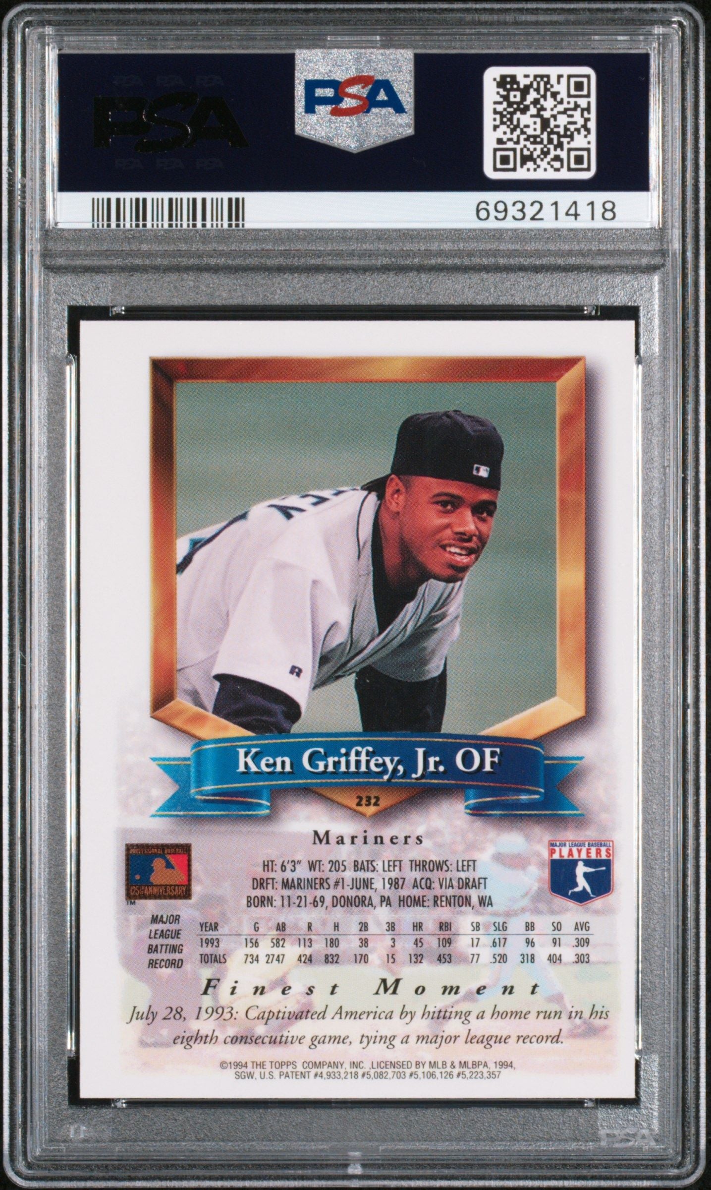 1994 KEN GRIFFEY JR. FINEST REFRACTOR #232 PSA 8